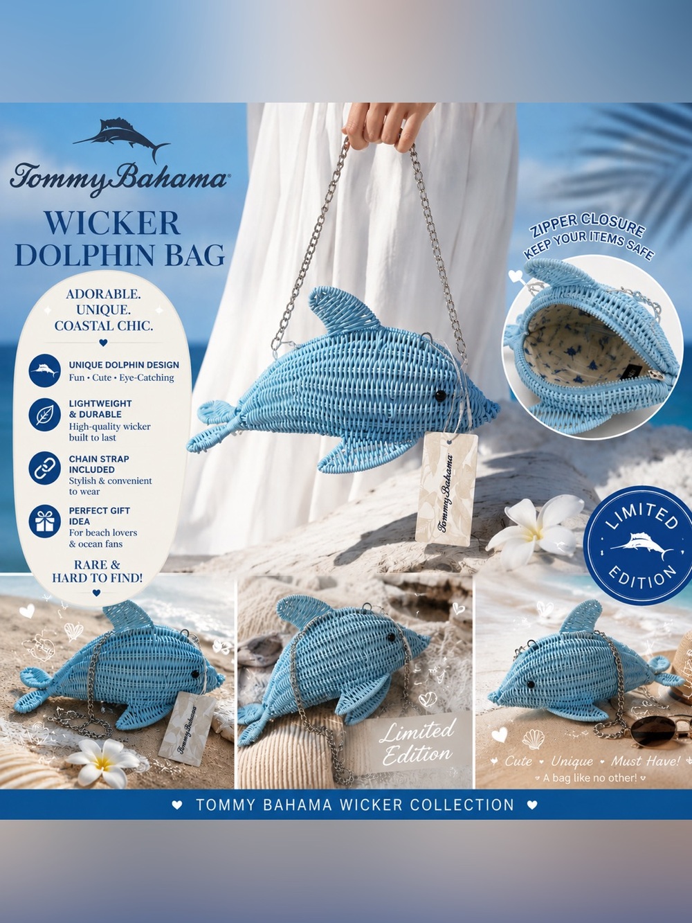 VIRAL Tommy Bahama Light Blue Wicker Dolphin Crossbody NWT